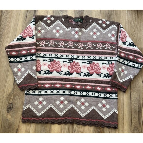 Sweaters - Vintage Dana Scott Sweater‎ Floral Cottage Roses Pink Brown Large Women’s